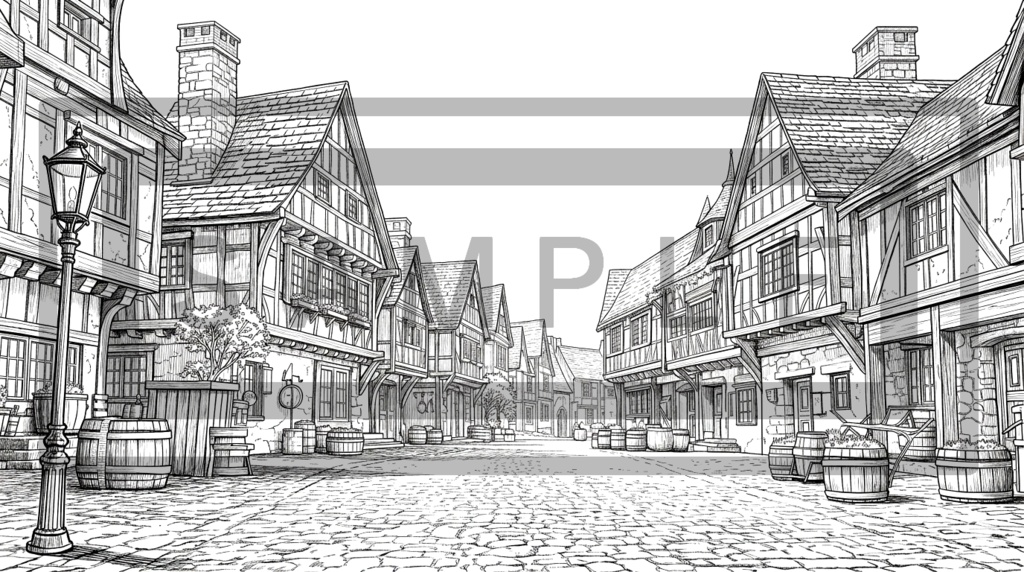 異世界の村 背景線画(中世風・漫画用)ver2