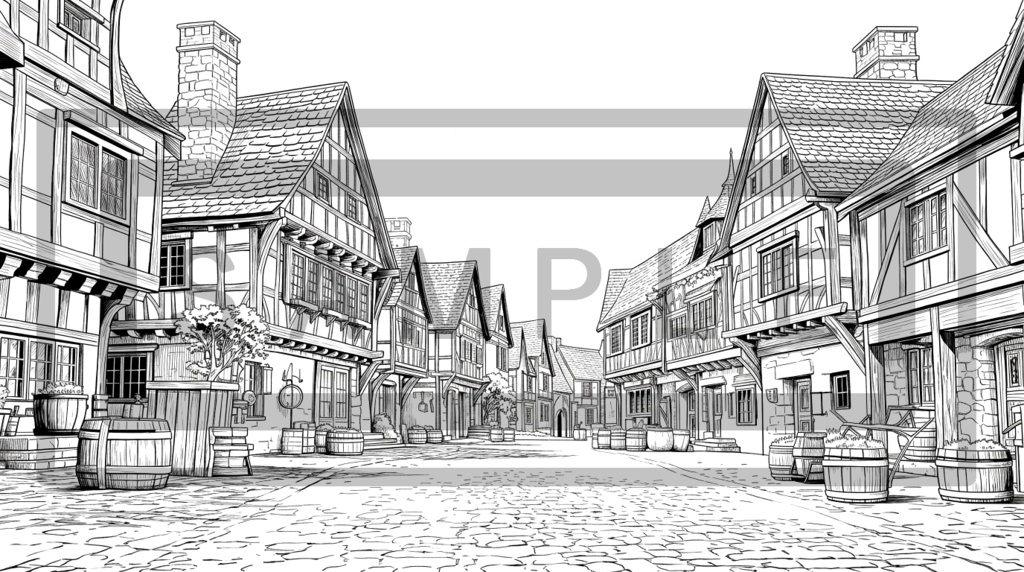 異世界の村 背景線画(中世風・漫画用)ver2