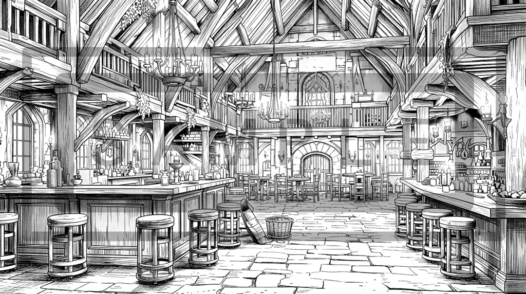 異世界・酒場の背景線画素材