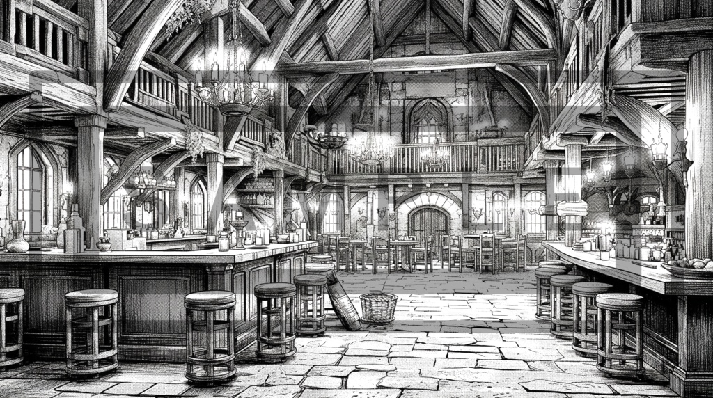 異世界・酒場の背景線画素材