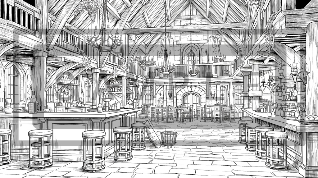 異世界・酒場の背景線画素材