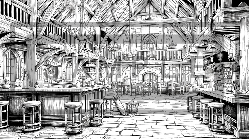 異世界・酒場の背景線画素材