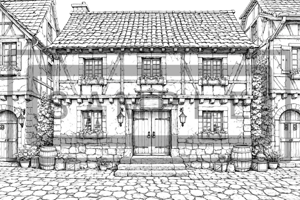 異世界宿屋・外観の背景線画素材