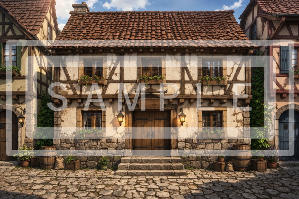 異世界宿屋・外観の背景線画素材