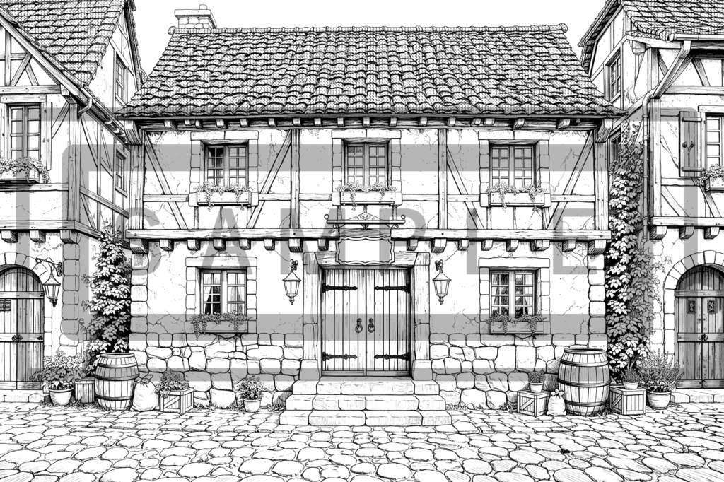 異世界宿屋・外観の背景線画素材