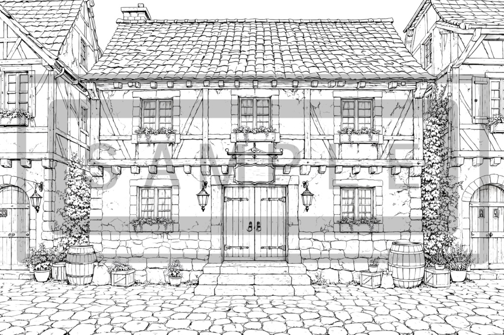 異世界宿屋・外観の背景線画素材