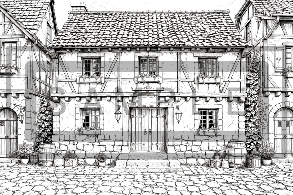 異世界宿屋・外観の背景線画素材