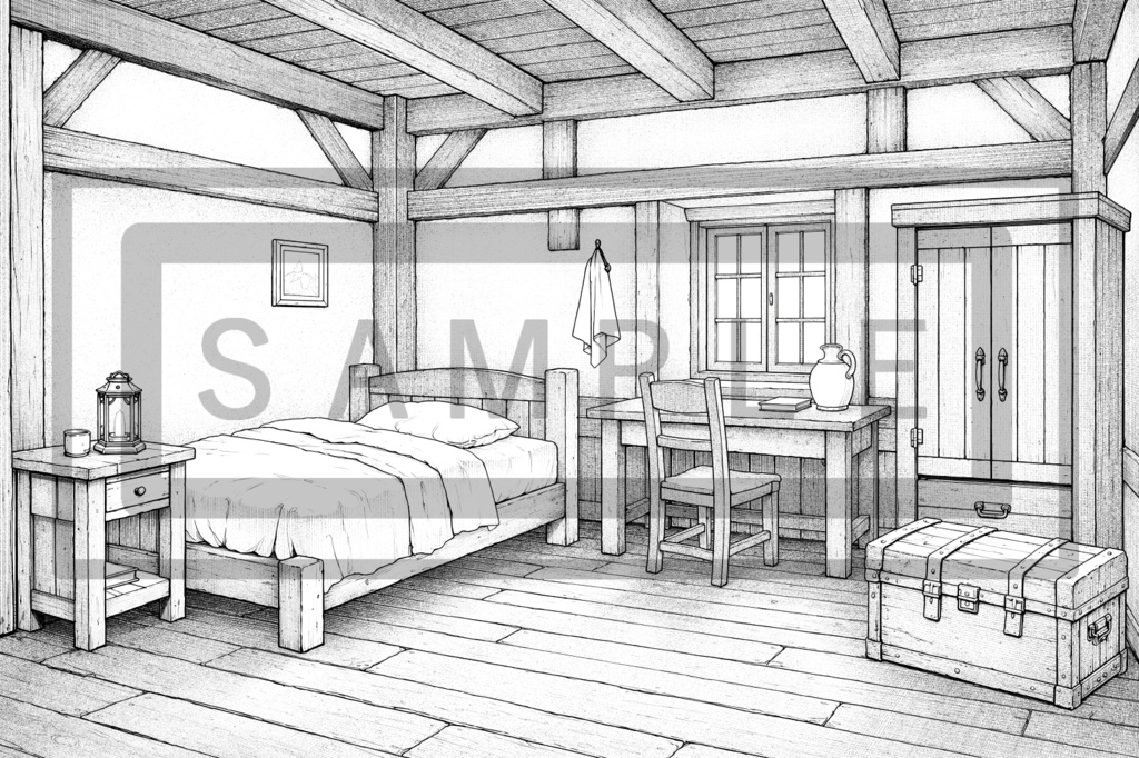 異世界宿屋・部屋の背景線画素材