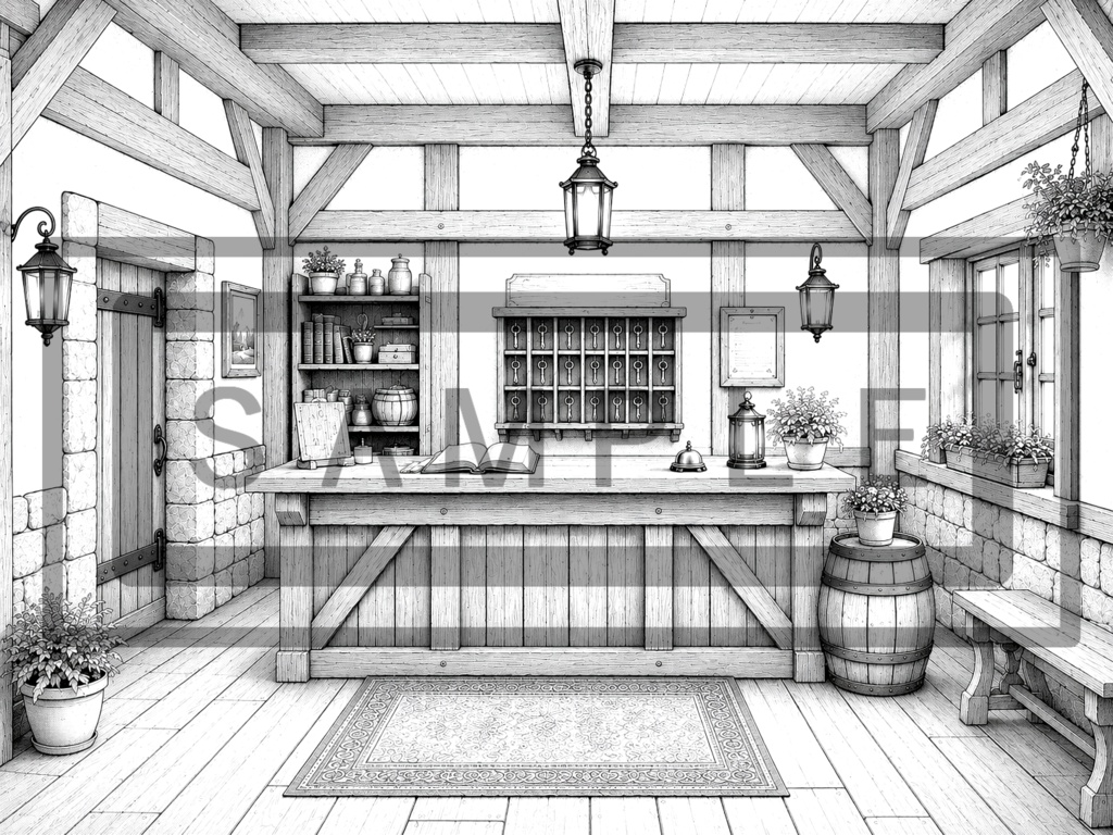 異世界宿屋・受付の背景線画素材