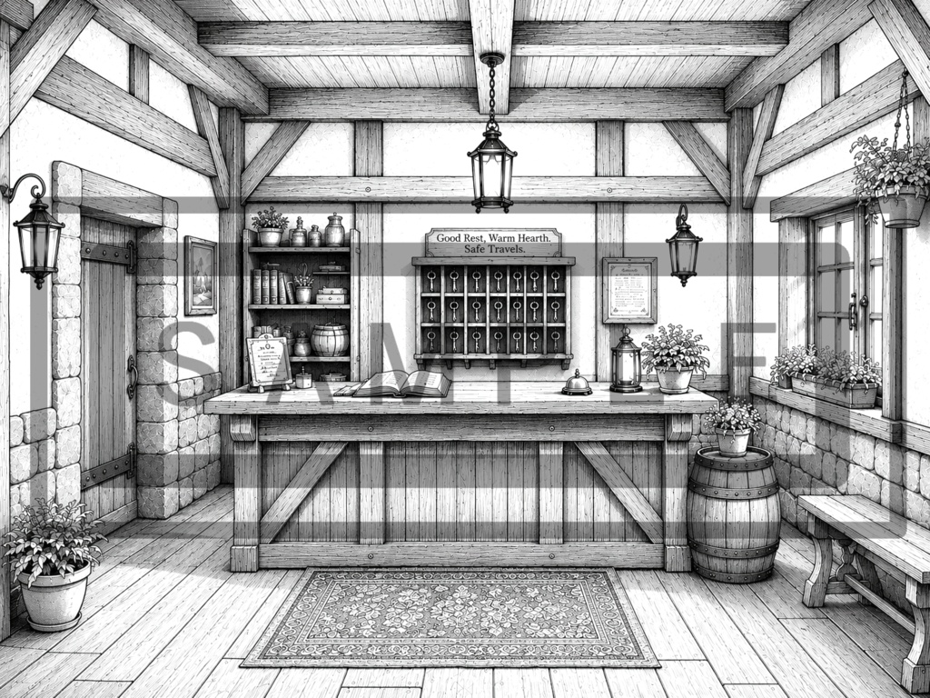 異世界宿屋・受付の背景線画素材