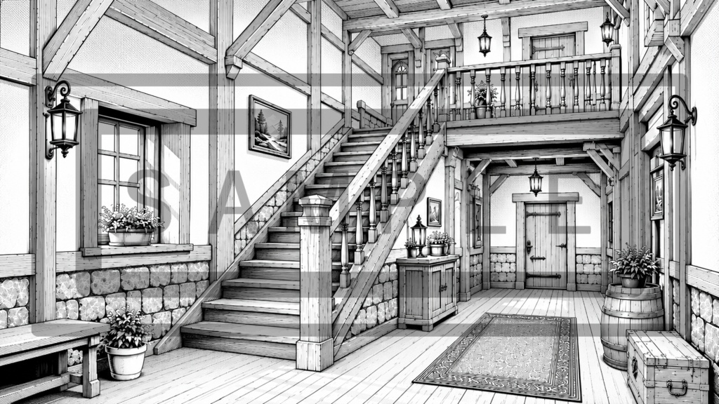 異世界宿屋・階段の背景線画素材