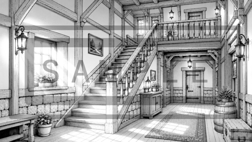 異世界宿屋・階段の背景線画素材