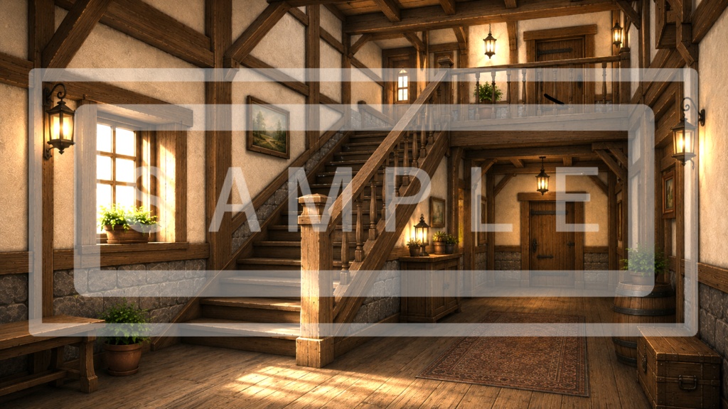 異世界宿屋・階段の背景線画素材