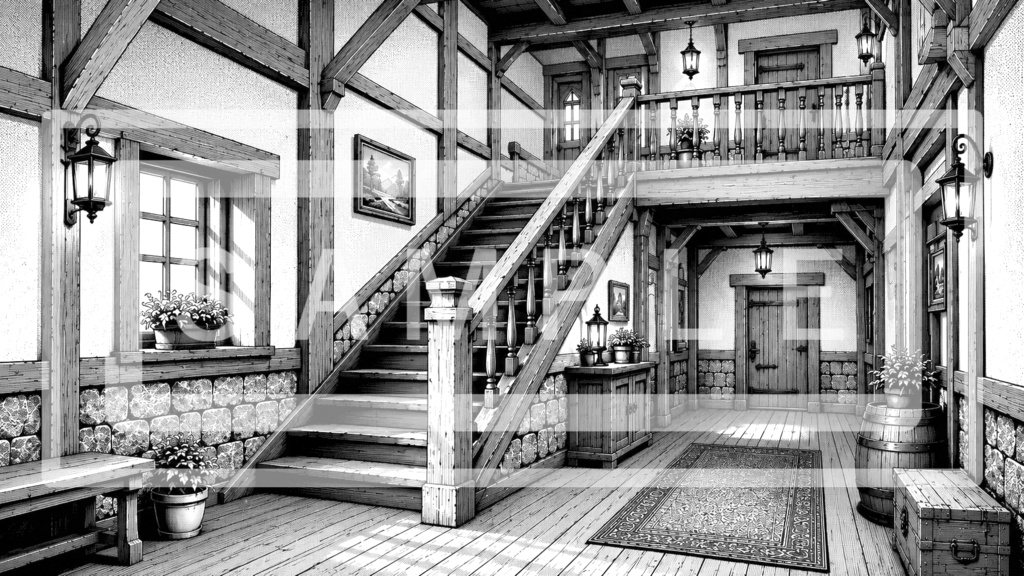 異世界宿屋・階段の背景線画素材