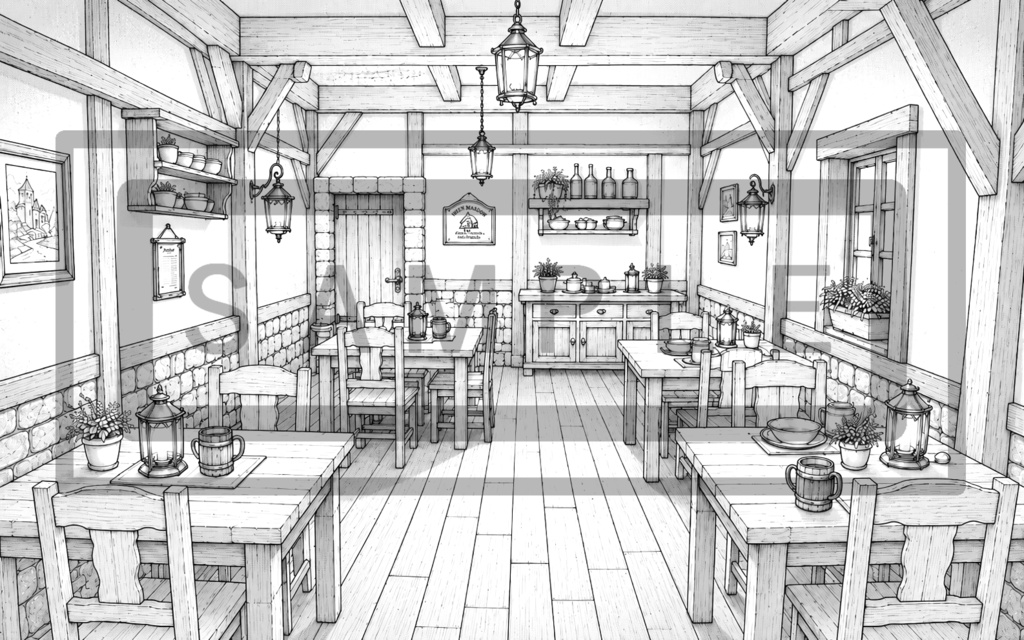 異世界宿屋・食堂の背景線画素材