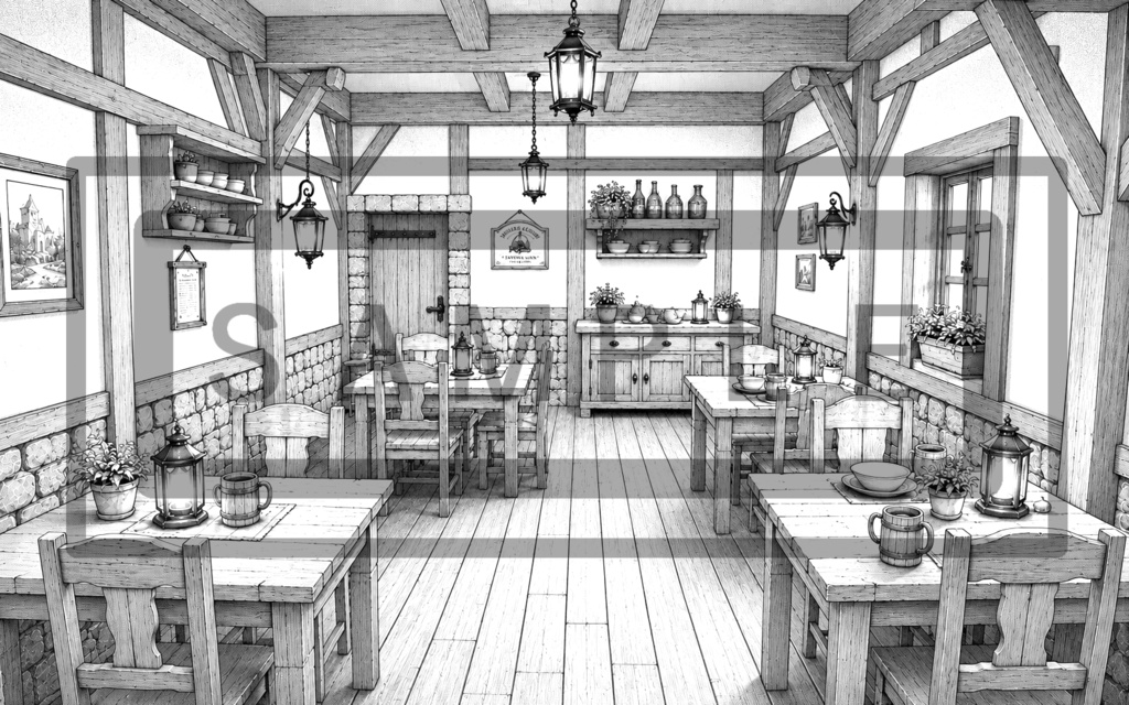 異世界宿屋・食堂の背景線画素材