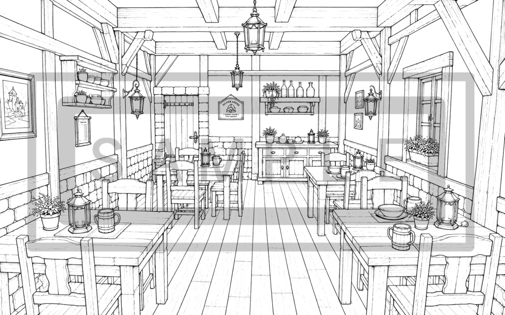 異世界宿屋・食堂の背景線画素材