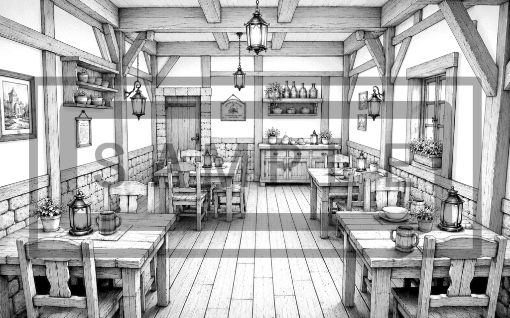 異世界宿屋・食堂の背景線画素材