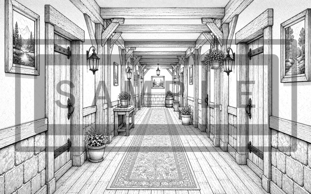 異世界宿屋・廊下の背景線画素材