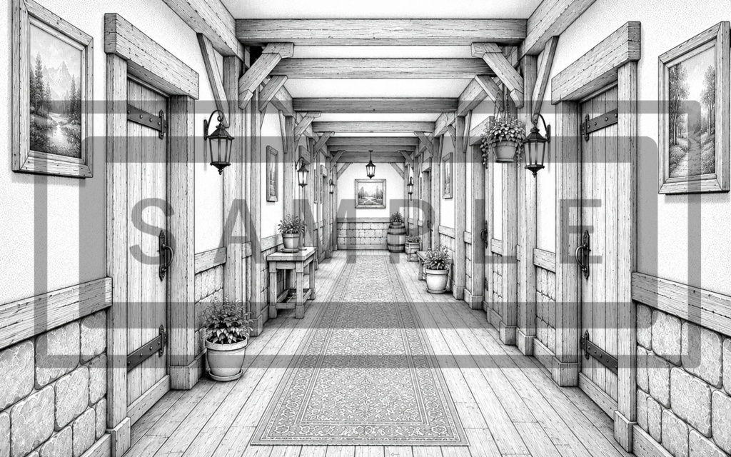 異世界宿屋・廊下の背景線画素材