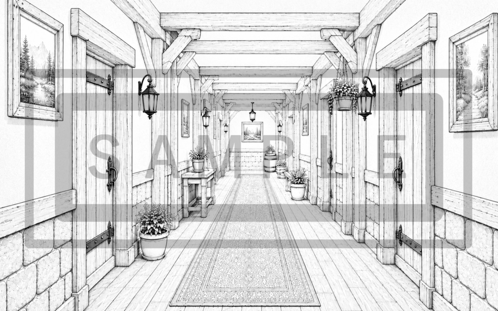 異世界宿屋・廊下の背景線画素材