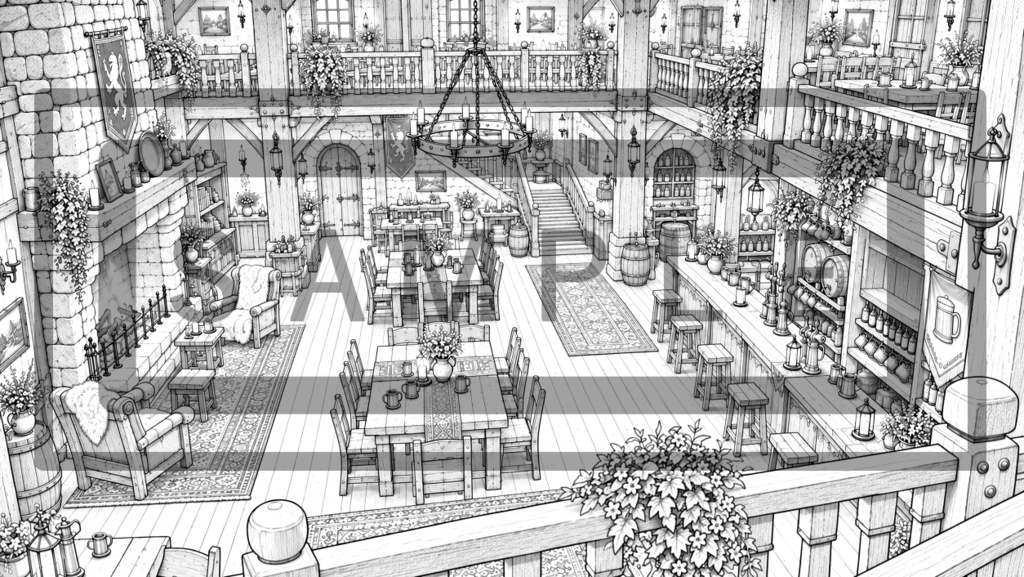 異世界酒場・2階の背景線画素材