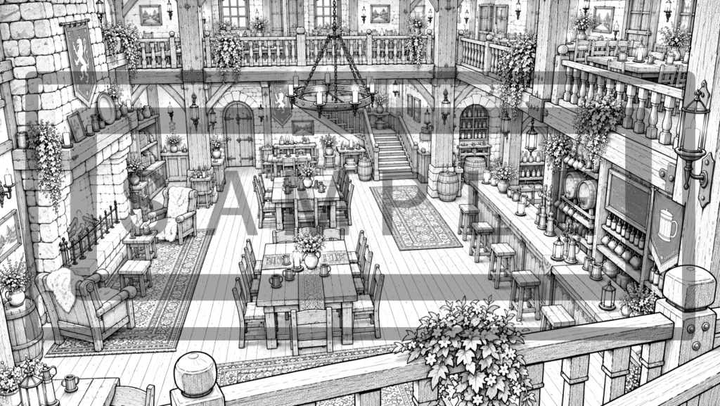 異世界酒場・2階の背景線画素材