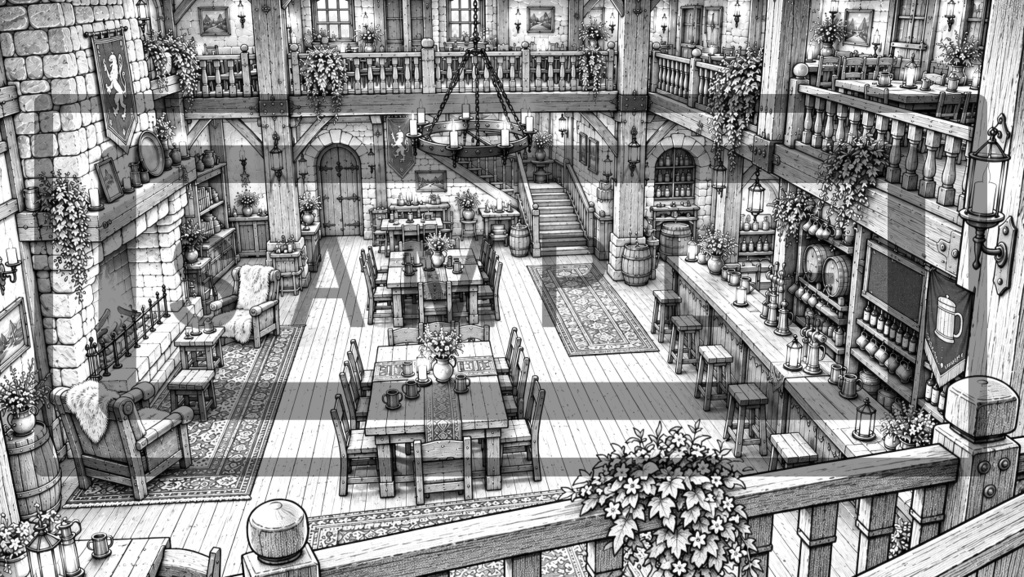異世界酒場・2階の背景線画素材