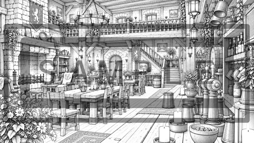異世界酒場・内観の背景線画素材Ver2