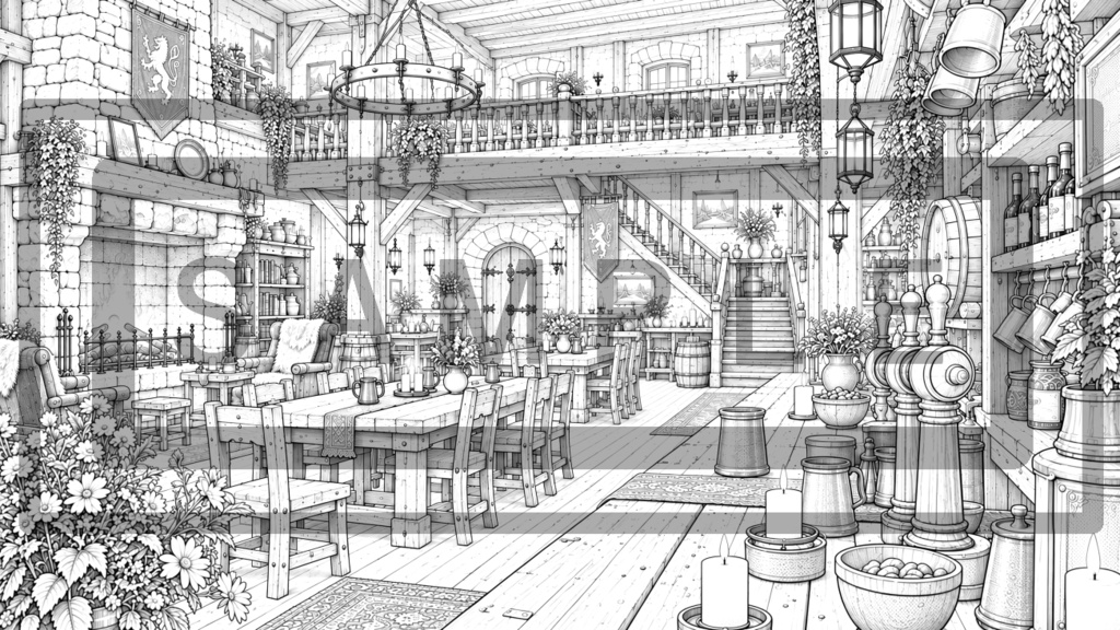 異世界酒場・内観の背景線画素材Ver2
