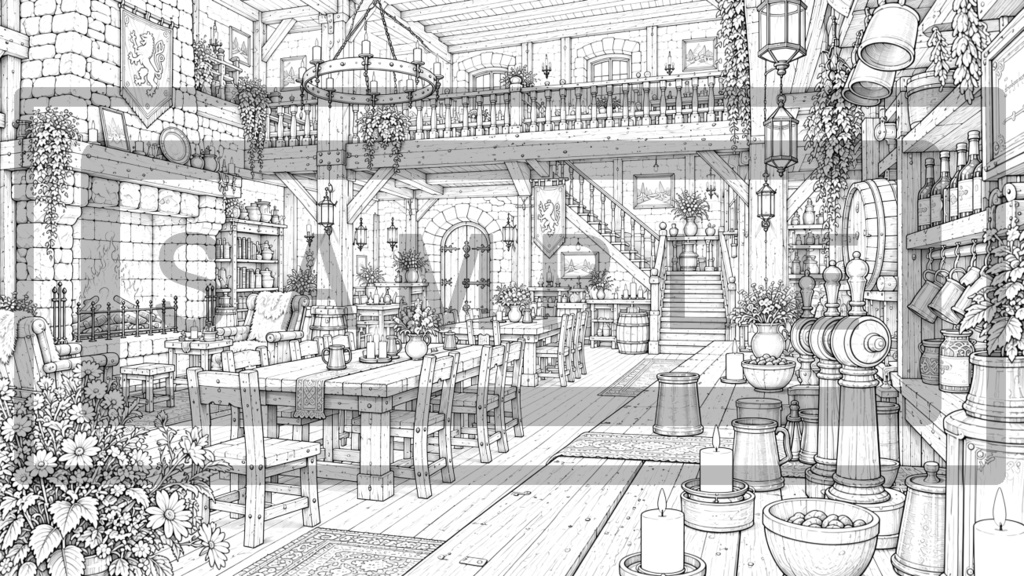 異世界酒場・内観の背景線画素材Ver2