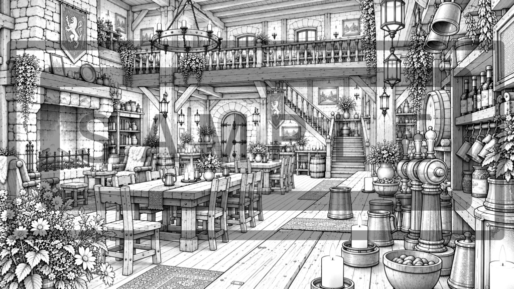 異世界酒場・内観の背景線画素材Ver2