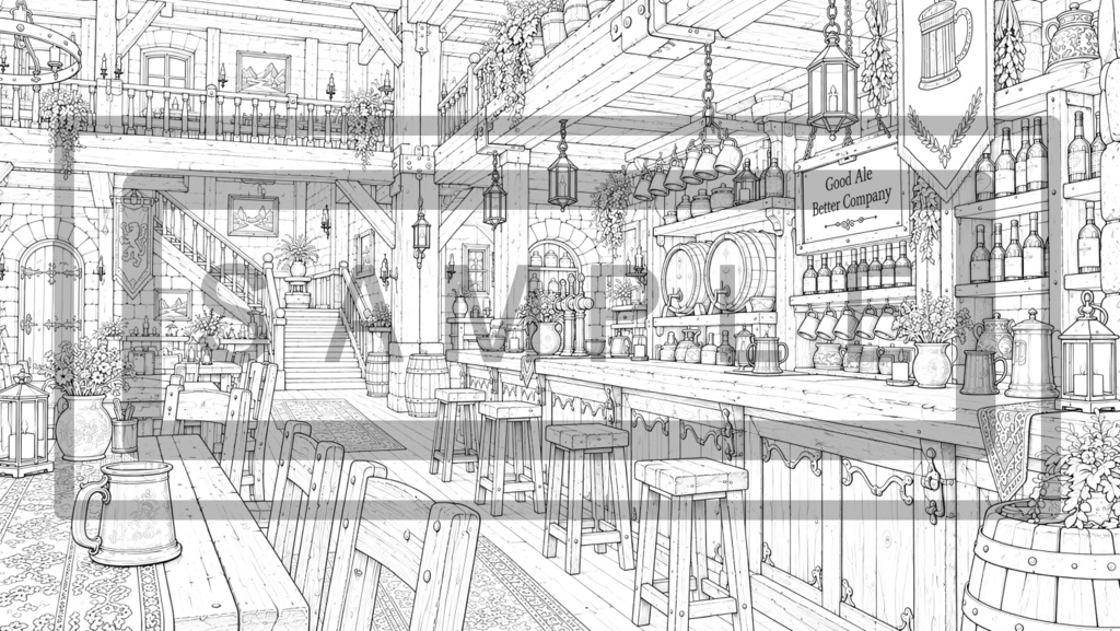 異世界酒場・内観の背景線画素材Ver3