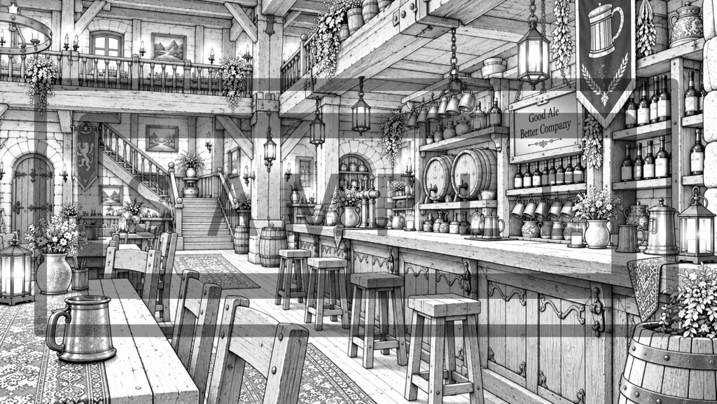 異世界酒場・内観の背景線画素材Ver3