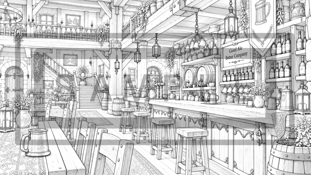異世界酒場・内観の背景線画素材Ver3