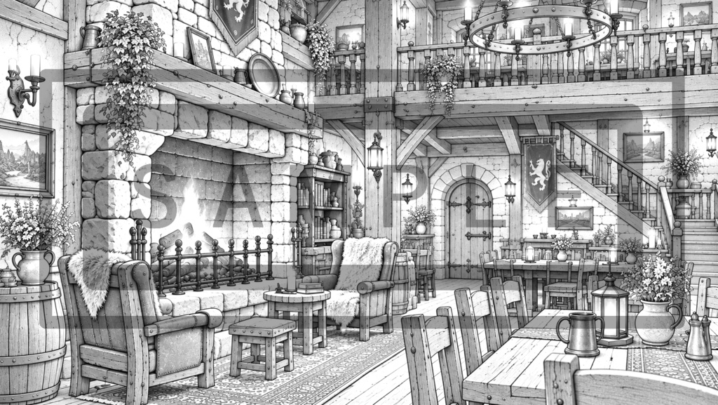 異世界酒場・内観の背景線画素材Ver4