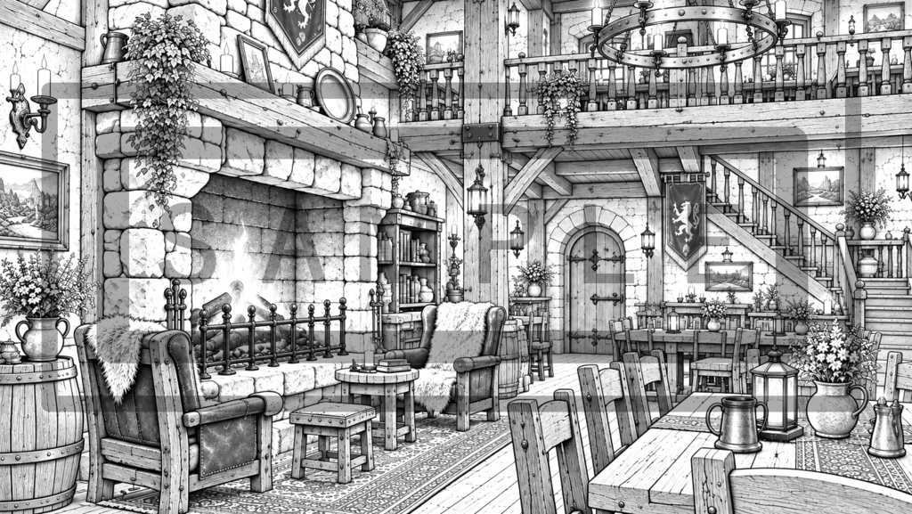 異世界酒場・内観の背景線画素材Ver4