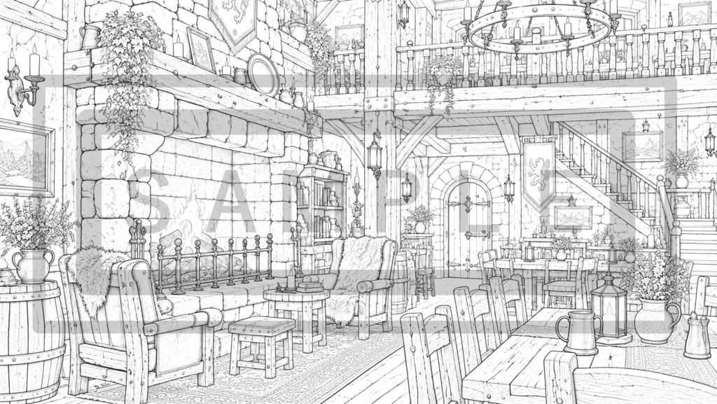 異世界酒場・内観の背景線画素材Ver4
