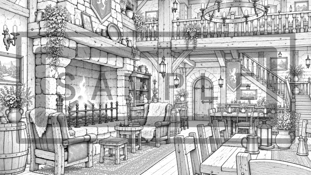 異世界酒場・内観の背景線画素材Ver4