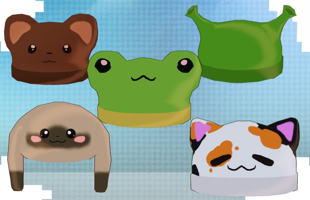 cap animals ( frog, cat, dog, sherk, bunny and bear)