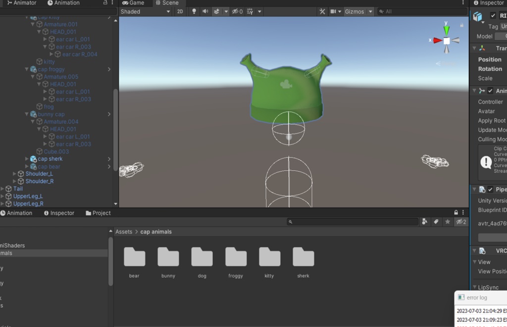 cap animals ( frog, cat, dog, sherk, bunny and bear)