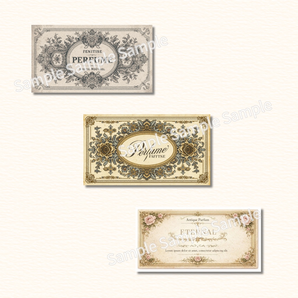 【素材】Perfume Bottle Label Set|香水ラベル・コラージュ・11種・ダウンロード・PDF
