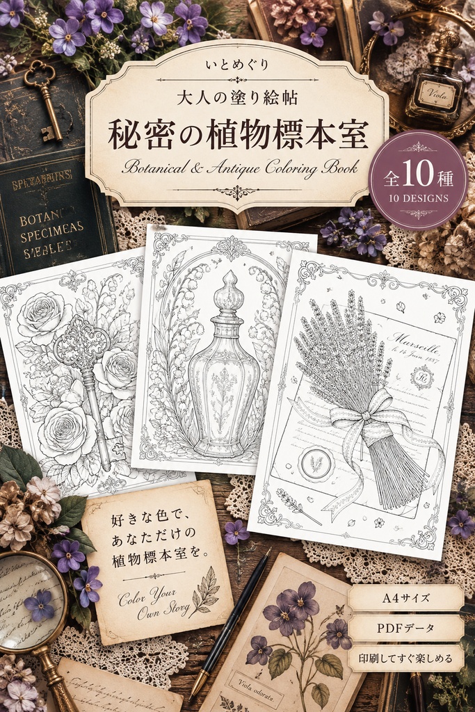【大人の塗り絵PDF】花と植物のアンティーク塗り絵10枚｜秘密の植物標本室