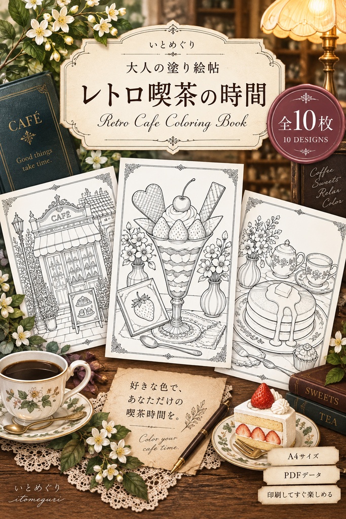 【大人の塗り絵PDF】レトロ喫茶とスイーツ10枚｜喫茶店・クリームソーダ・パフェ｜印刷OK