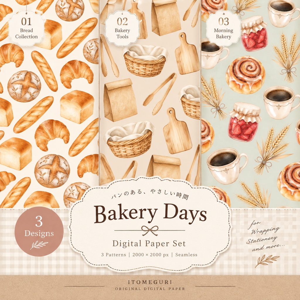 【デジタルペーパー】パン屋さんの水彩柄「Bakery Days」3柄セット