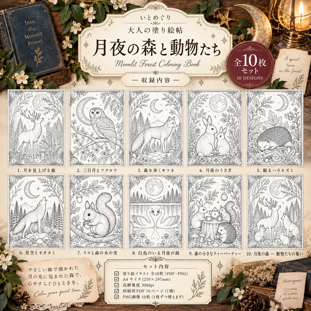 【大人の塗り絵PDF】森と動物の塗り絵10枚|月夜・鹿・うさぎ・フクロウ|印刷OK