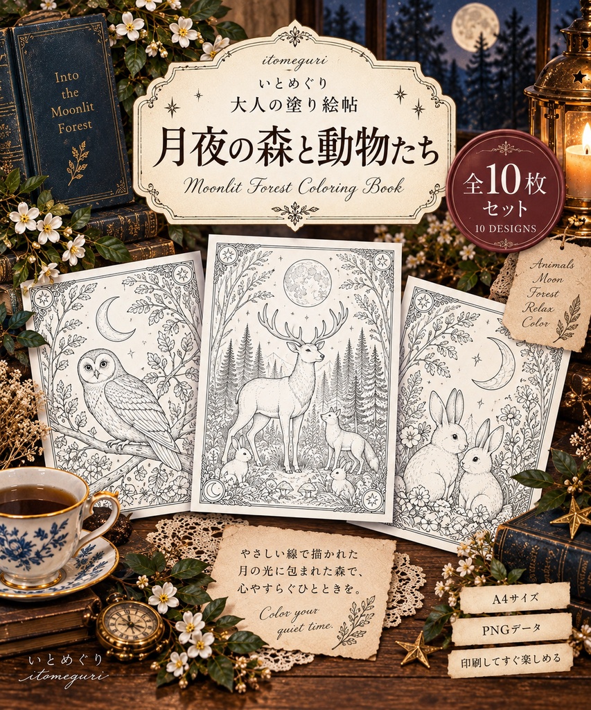 【大人の塗り絵PDF】森と動物の塗り絵10枚｜月夜・鹿・うさぎ・フクロウ｜印刷OK