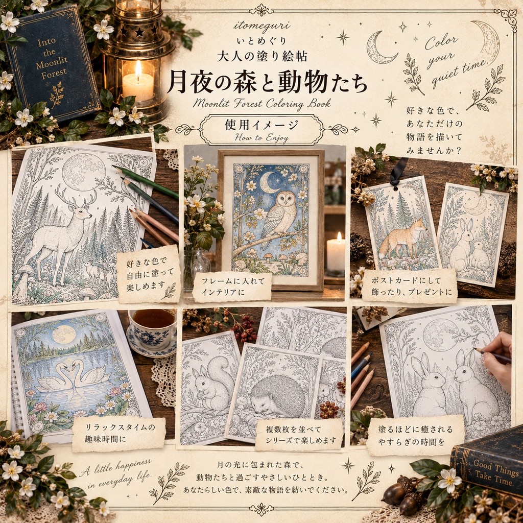 【大人の塗り絵PDF】森と動物の塗り絵10枚|月夜・鹿・うさぎ・フクロウ|印刷OK