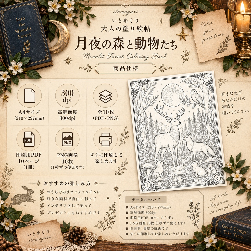【大人の塗り絵PDF】森と動物の塗り絵10枚|月夜・鹿・うさぎ・フクロウ|印刷OK