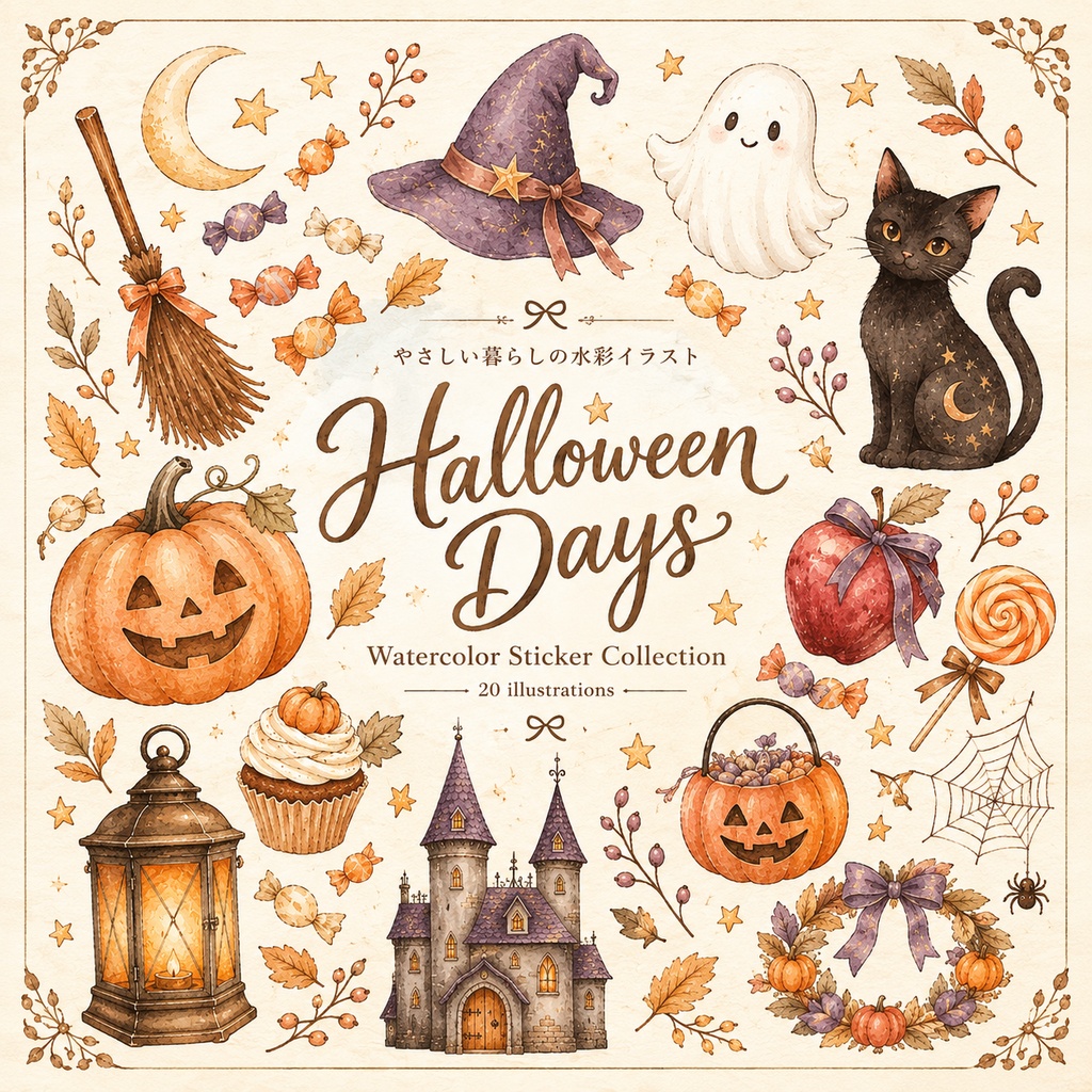 【デジタルステッカー】ハロウィンの水彩イラスト20点｜背景透過PNG｜手帳・コラージュ素材